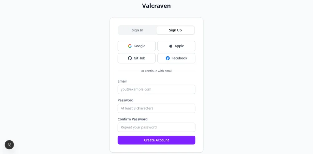The Valcraven sign-in page with the Sign In and Sign Up tabs at the top.