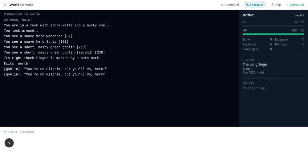 The world console: room description, a list of creatures each followed by a number in square brackets, an Exits line, a command box, and a character panel on the right.